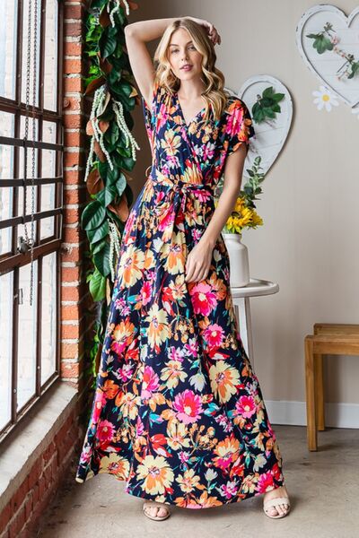 Heimish Full Size Floral Surplice Tie Waist Maxi Dress