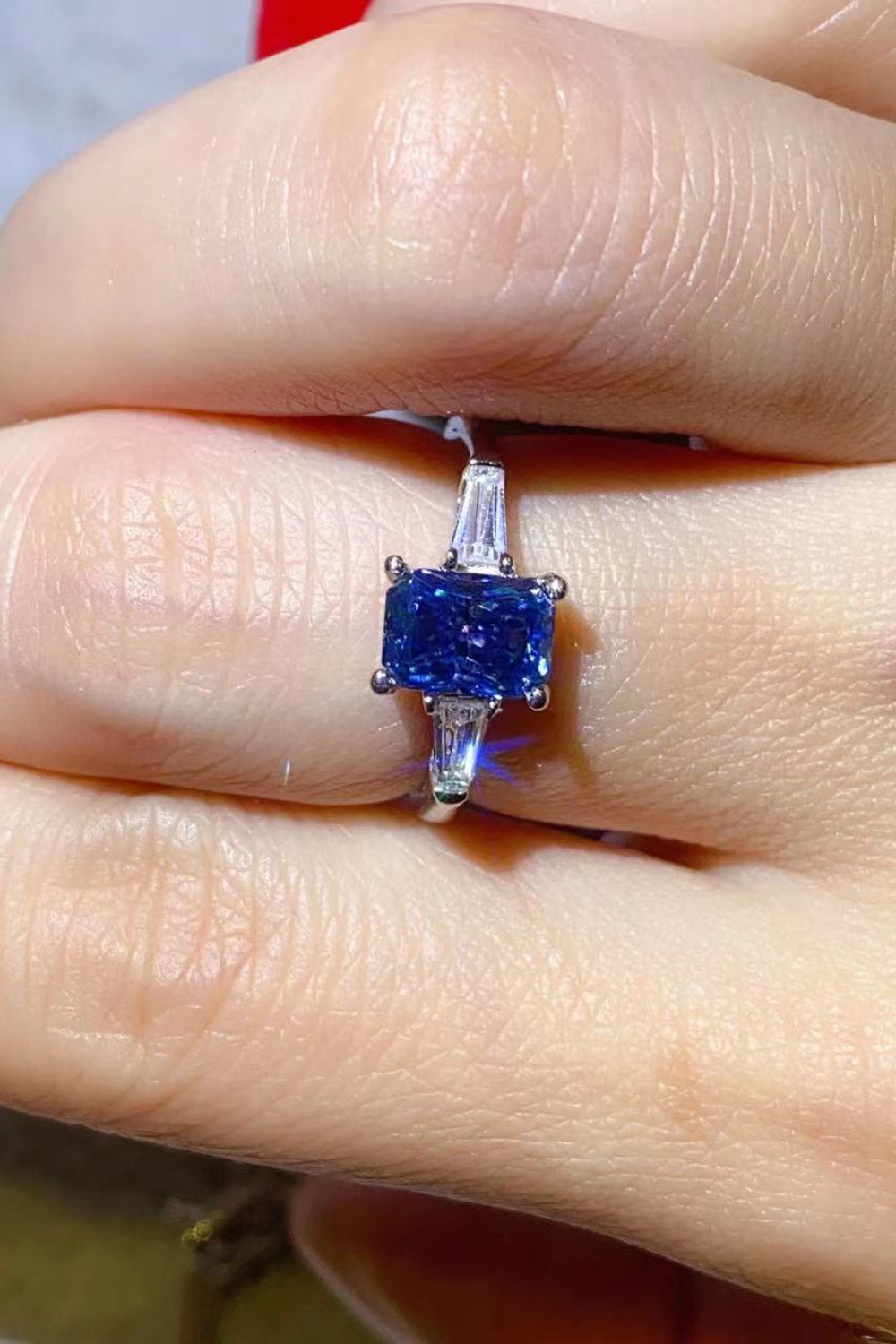 1 Carat Moissanite Platinum-Plated Rectangle Ring in Blue - GlamZation