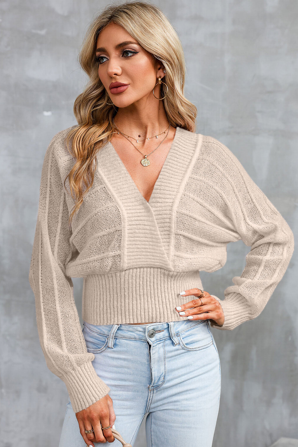 Surplice Neck Lace-Up Sweater