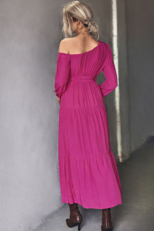 Belted One-Shoulder Tiered Maxi Dress - GlamZation