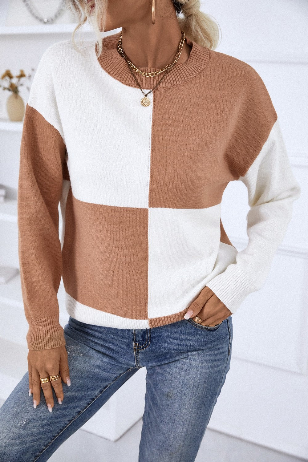 Color Block Ribbed Trim Dropped Shoulder Knit Pullover - GlamZation