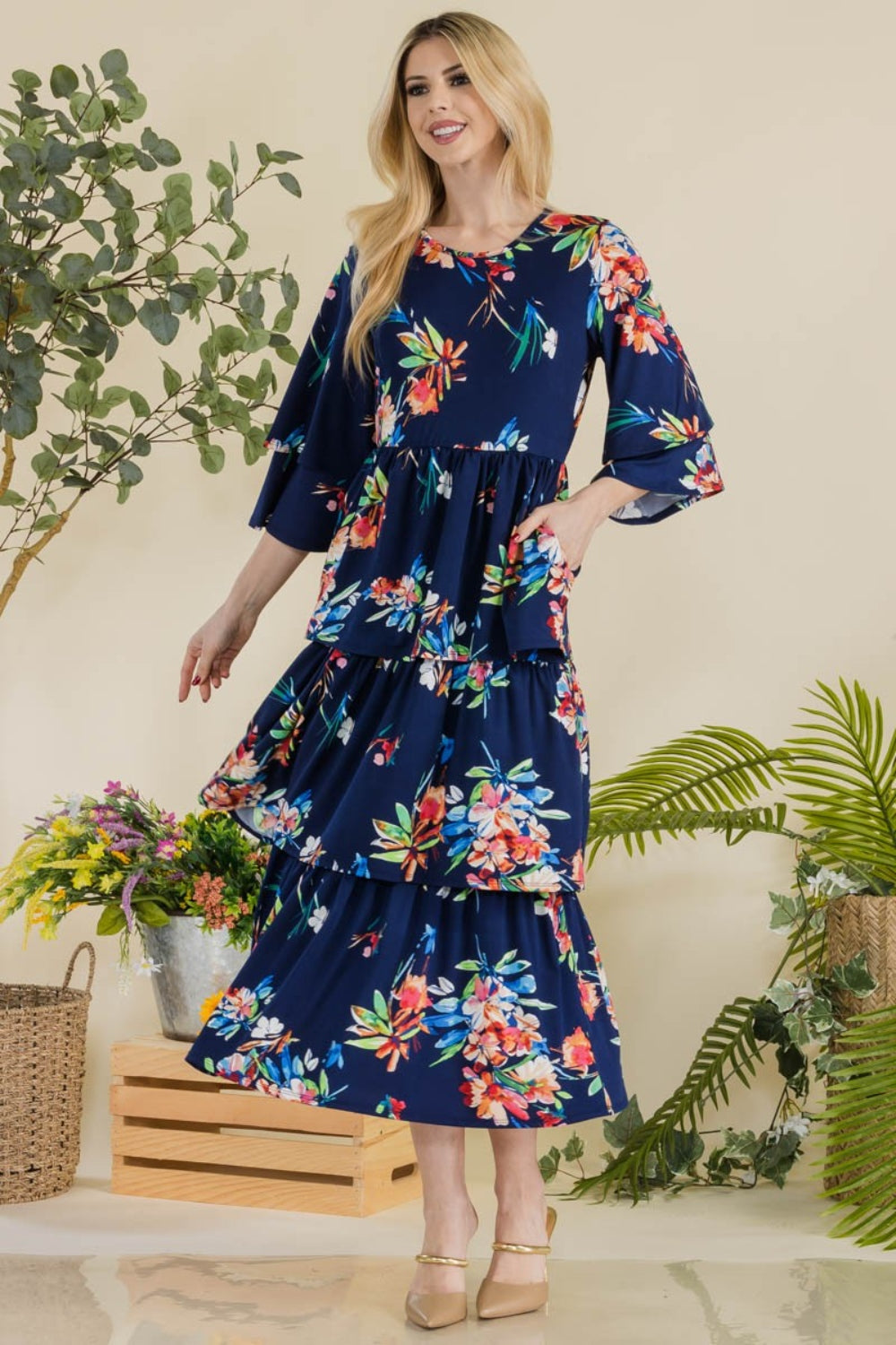 Celeste Full Size Floral Ruffle Tiered Midi Dress