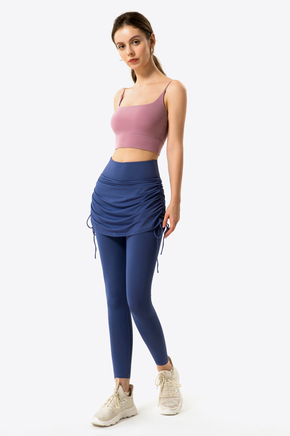 Drawstring Ruched Faux Layered Yoga Leggings - GlamZation