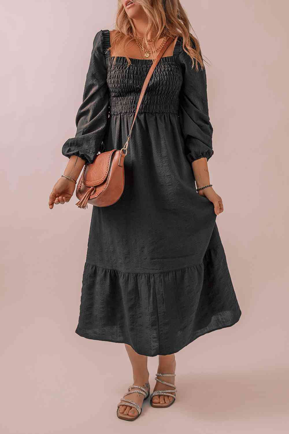 Square Neck Smocked Long Sleeve Dress