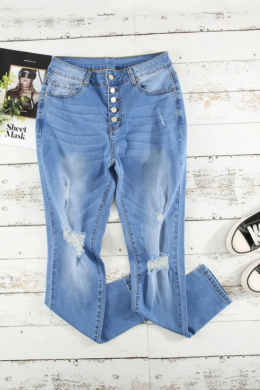 Button Fly Distressed Jeans - GlamZation