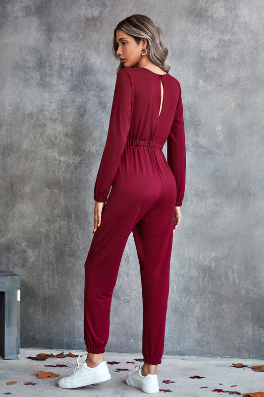 Drawstring Waist Round Neck Long Sleeve Jumpsuit - GlamZation
