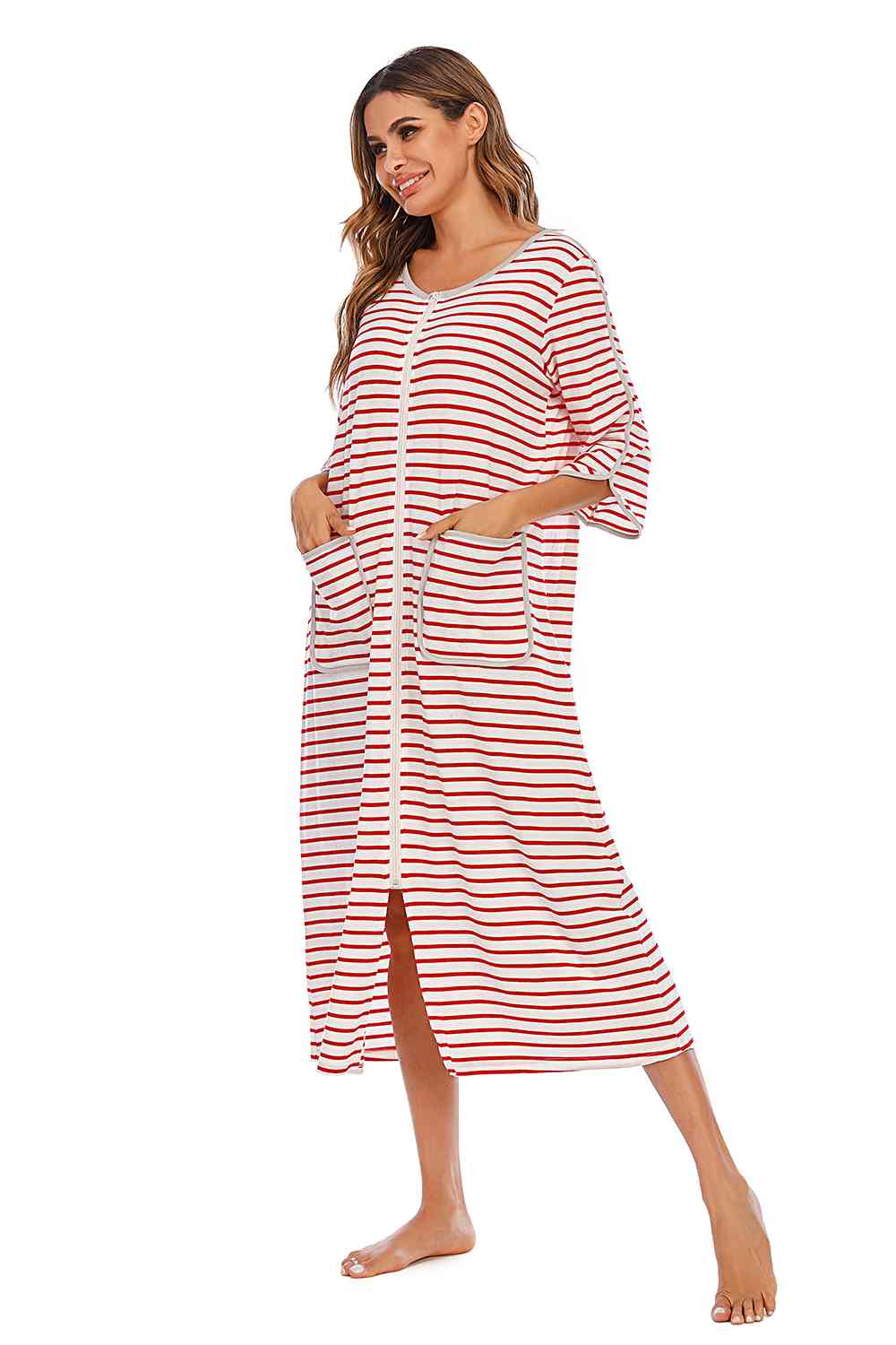 Round Neck Three-Quarter Sleeve Midi Night Dress