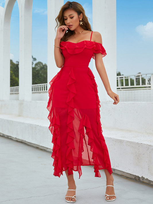 Ruffled Cold-Shoulder Split Dress