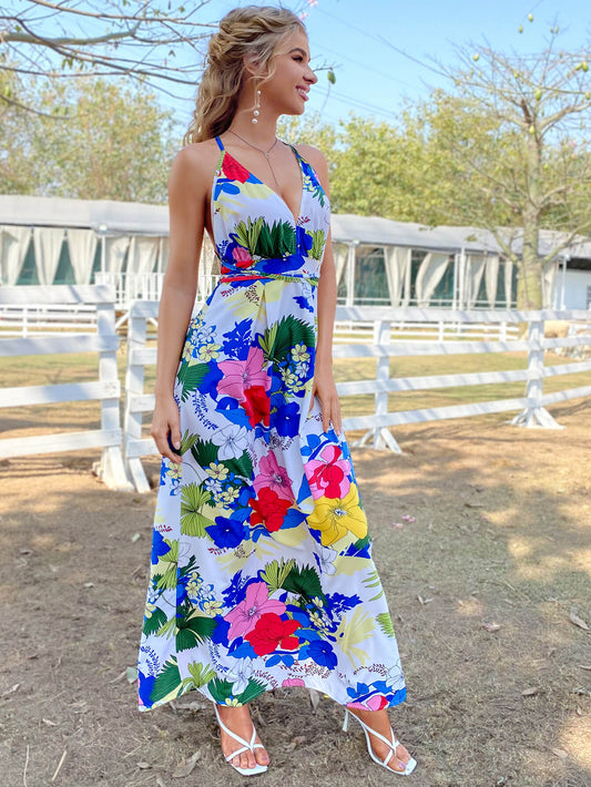 Floral Crisscross Backless Maxi Dress - GlamZation