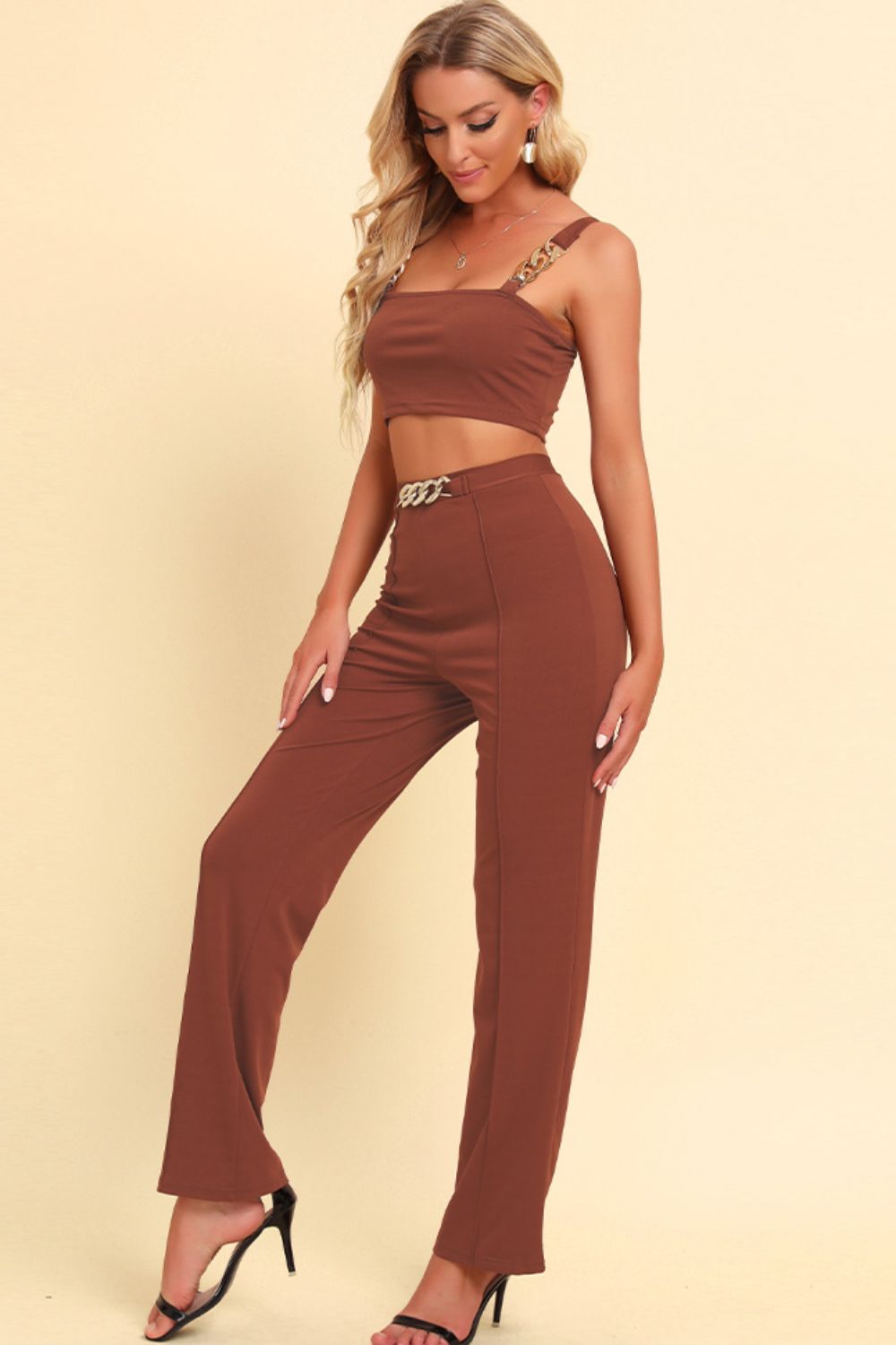 Chain Detail Cropped Cami and Straight Leg Pants Set - GlamZation