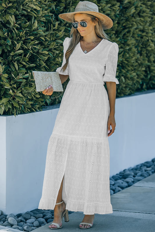 Eyelet Front Slit Puff Sleeve Maxi Dress - GlamZation