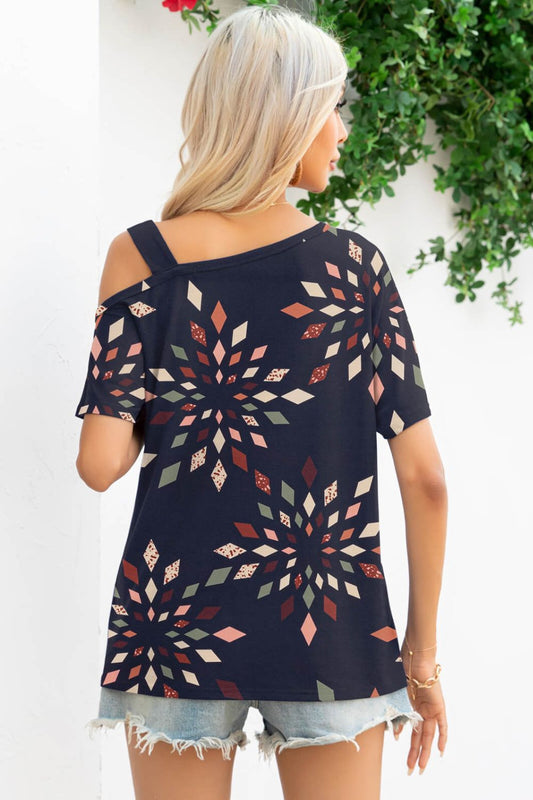 Printed Asymmetrical Neck Short Sleeve T-Shirt