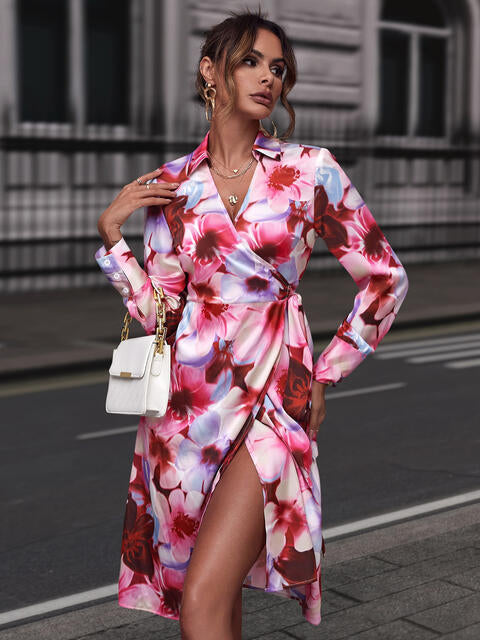 Floral Print Collared Neck  Slit Dress