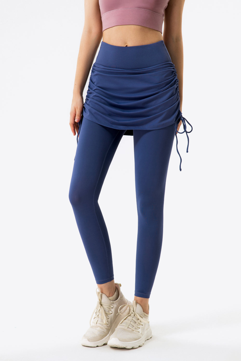 Drawstring Ruched Faux Layered Yoga Leggings - GlamZation