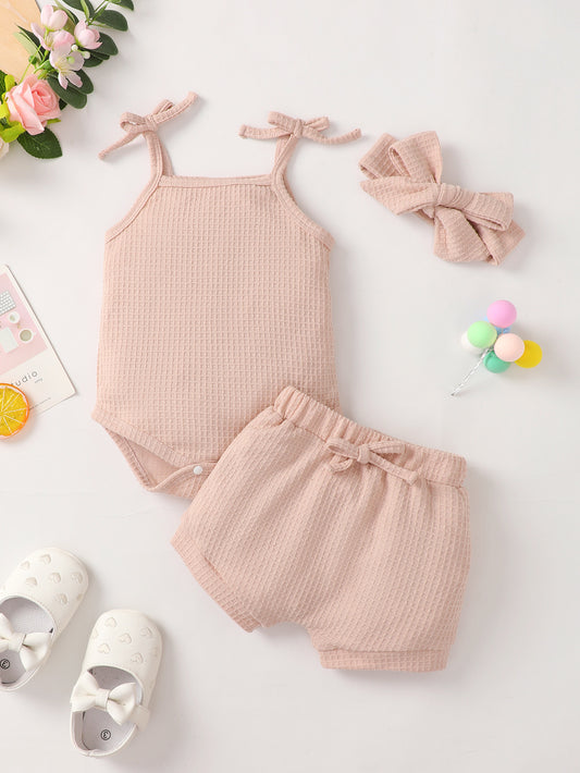 Baby Girl Waffle-Knit Tie-Shoulder Top and Shorts Set - GlamZation