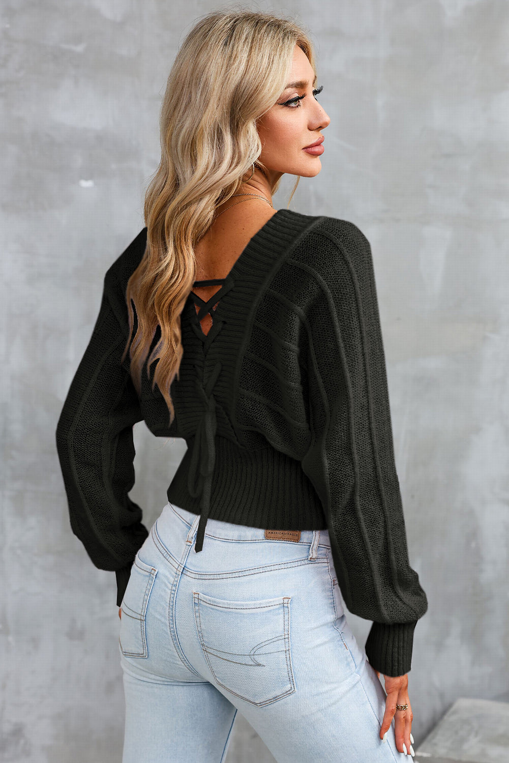 Surplice Neck Lace-Up Sweater