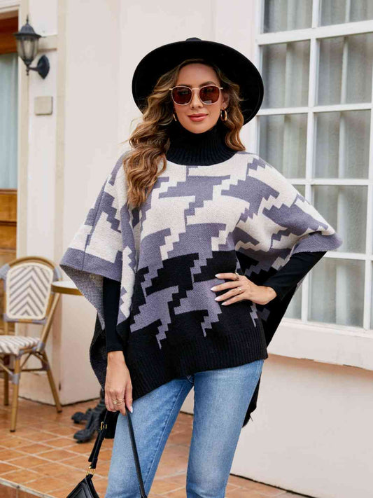 Turtleneck Pom-Pom Trim Poncho