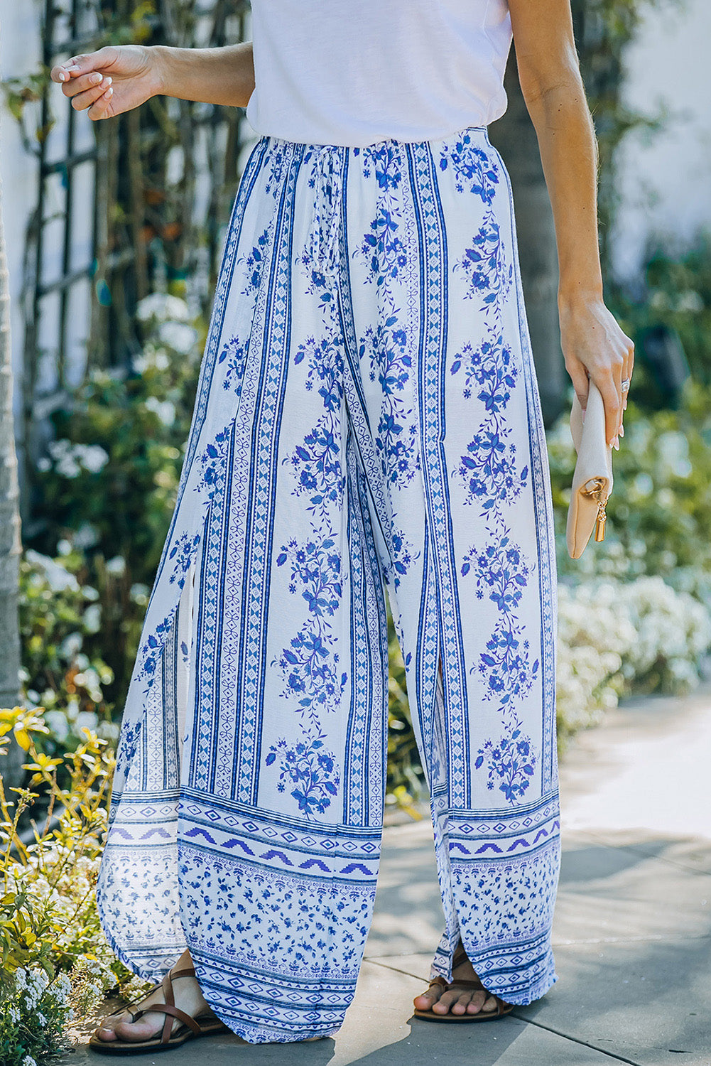 Bohemian Slit Drawstring Waist Palazzo Pants - GlamZation