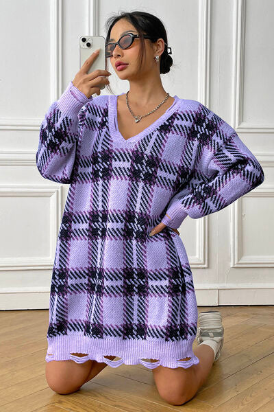 Plaid V-Neck Long Sleeve Sweater Dress