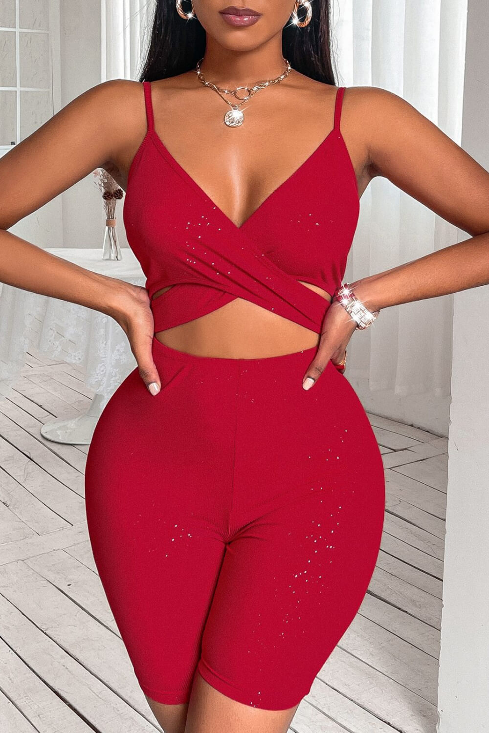 Crisscross Spaghetti Strap Cutout Ribbed Romper - GlamZation