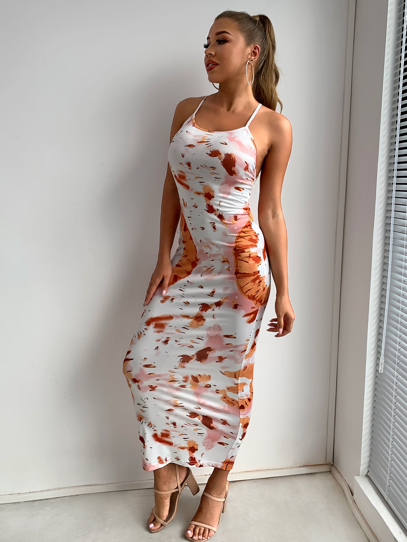 Printed Crisscross Halter Neck Maxi Dress