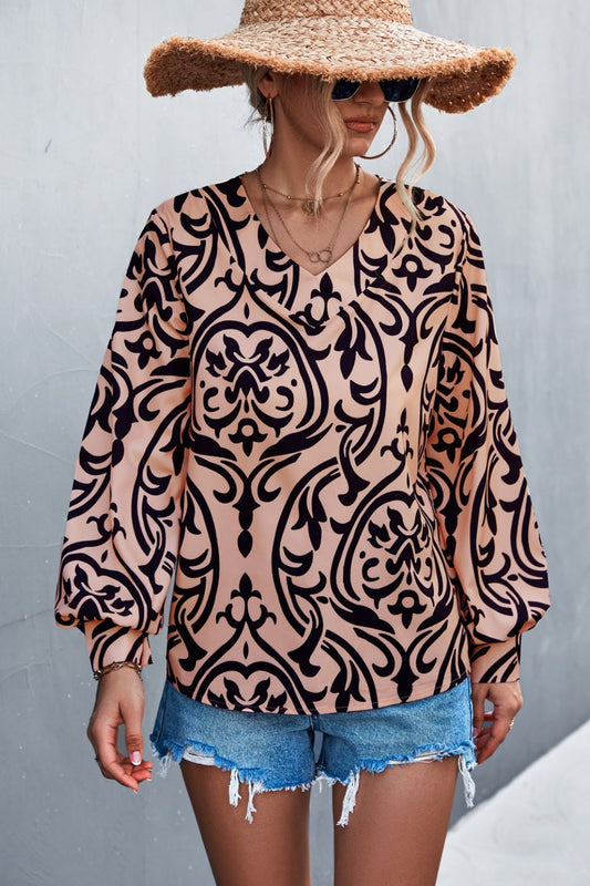 Damask Lantern Sleeve V-Neck Top - GlamZation