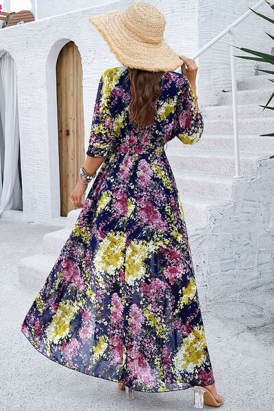 Printed Tied Half Sleeve Slit Dress