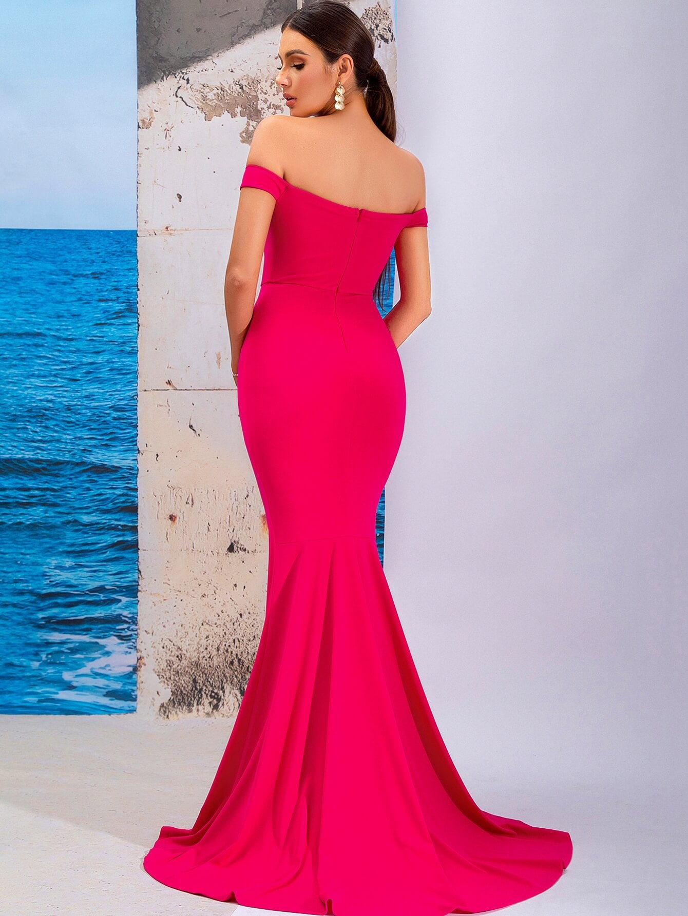 Off-Shoulder Split Fishtail Dress with Train