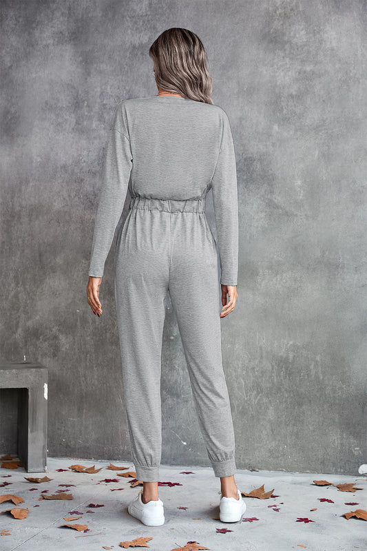 Drawstring Waist Surplice Long Sleeve Jumpsuit - GlamZation