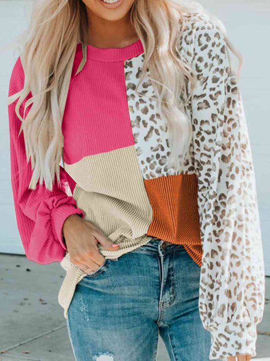 Color Block Leopard Round Neck Sweatshirt