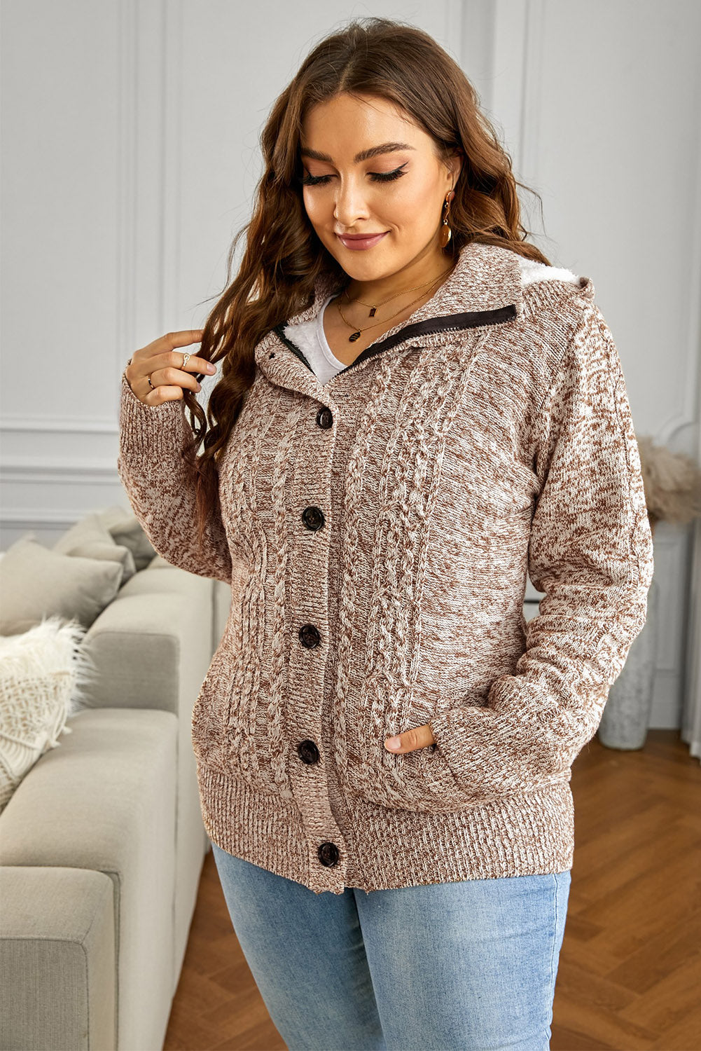 Cable-Knit Fleece Lining Button-Up Hooded Cardigan - GlamZation