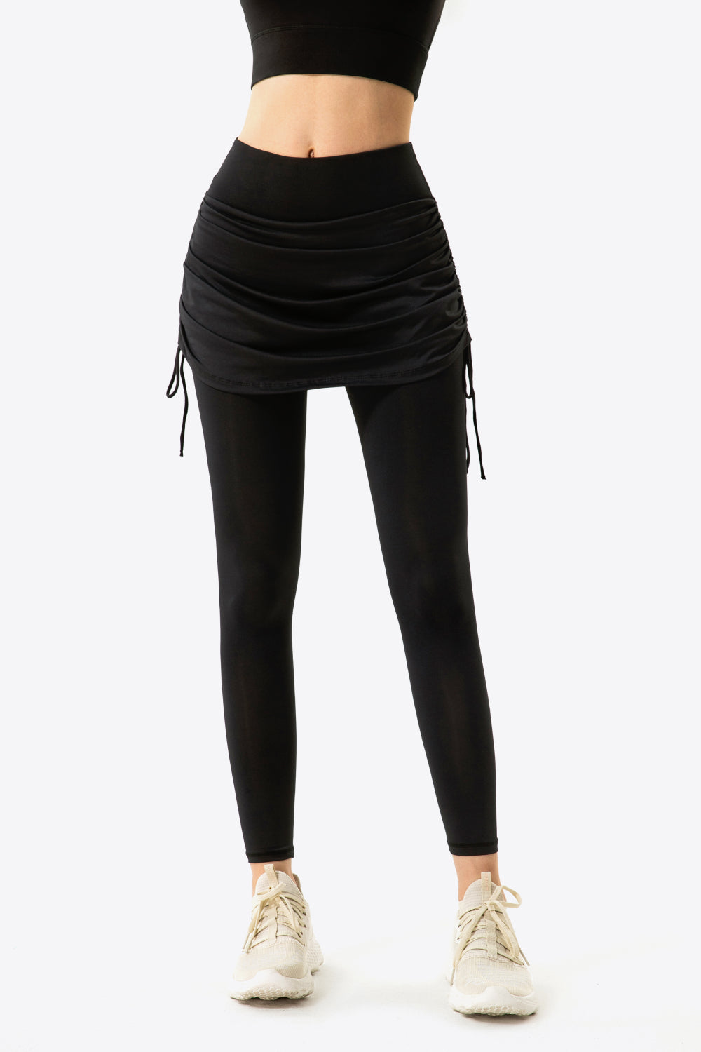 Drawstring Ruched Faux Layered Yoga Leggings - GlamZation