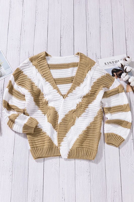 Two-Tone Striped Open Front Ribbed Trim Cardigan