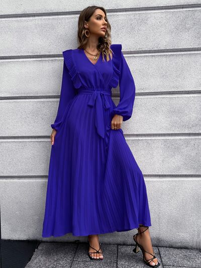 Pleated Surplice Tie Waist Maxi Dress