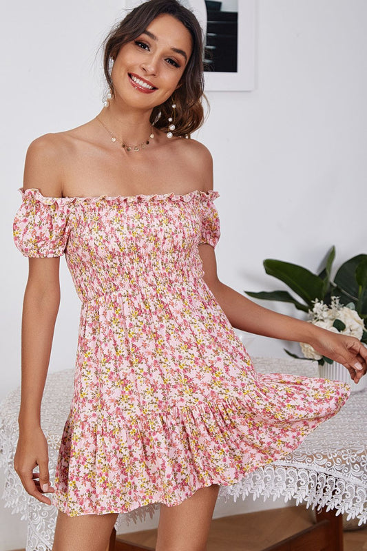 Ditsy Floral Smocked Off-Shoulder Dress - GlamZation