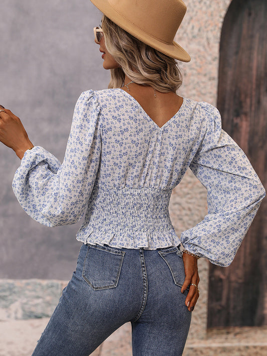 Ditsy Floral Smocked Balloon Sleeve Peplum Blouse - GlamZation