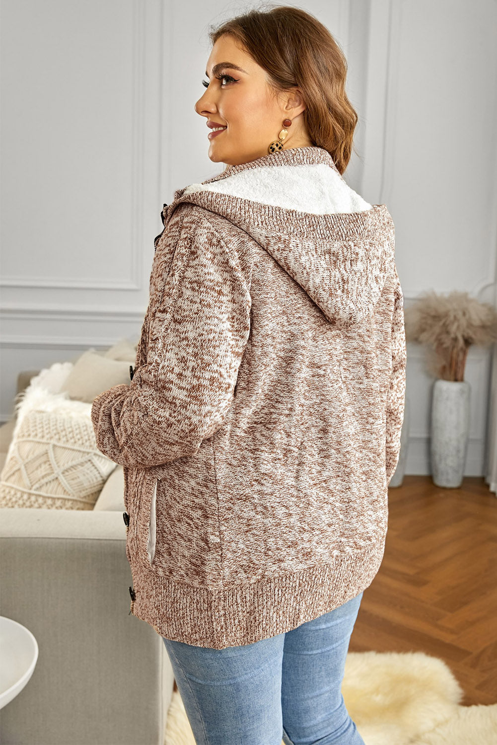 Cable-Knit Fleece Lining Button-Up Hooded Cardigan - GlamZation