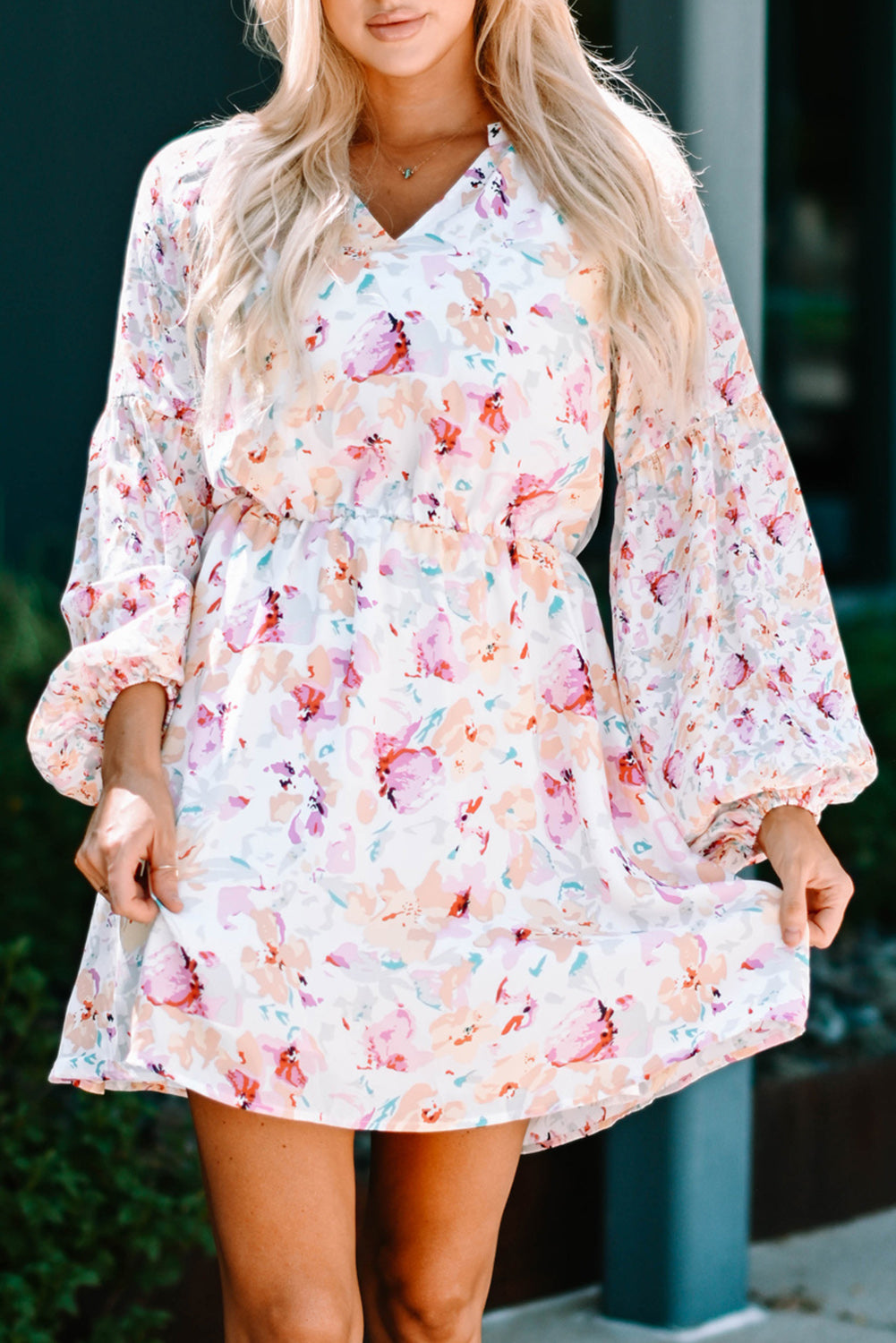 Floral Bubble Sleeve V-Neck Dress - GlamZation