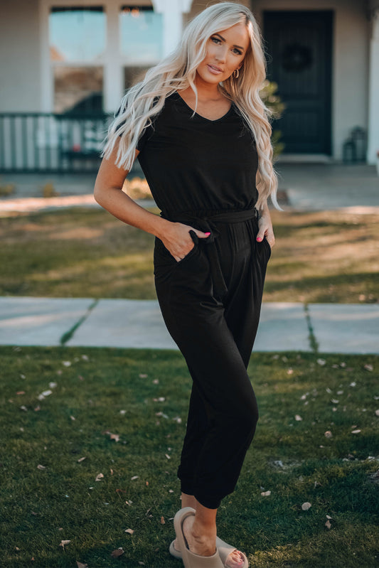 Belted V-Neck Jogger Jumpsuit - GlamZation