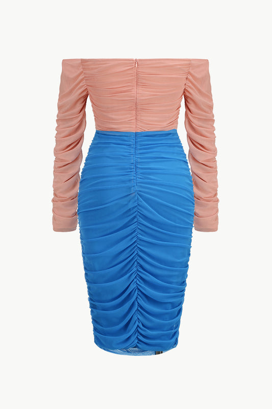 Two-Tone Off-Shoulder Ruched Dress