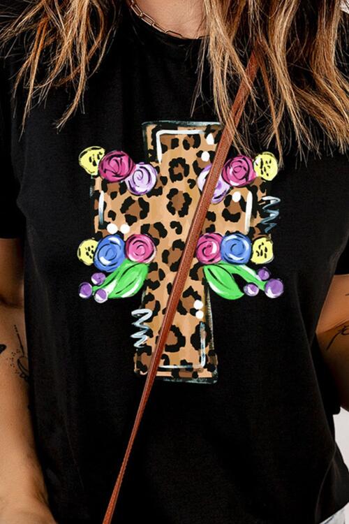 Leopard Cross Graphic Round Neck Short Sleeve T-Shirt