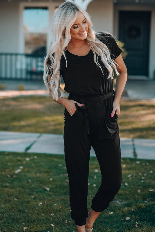 Belted V-Neck Jogger Jumpsuit - GlamZation