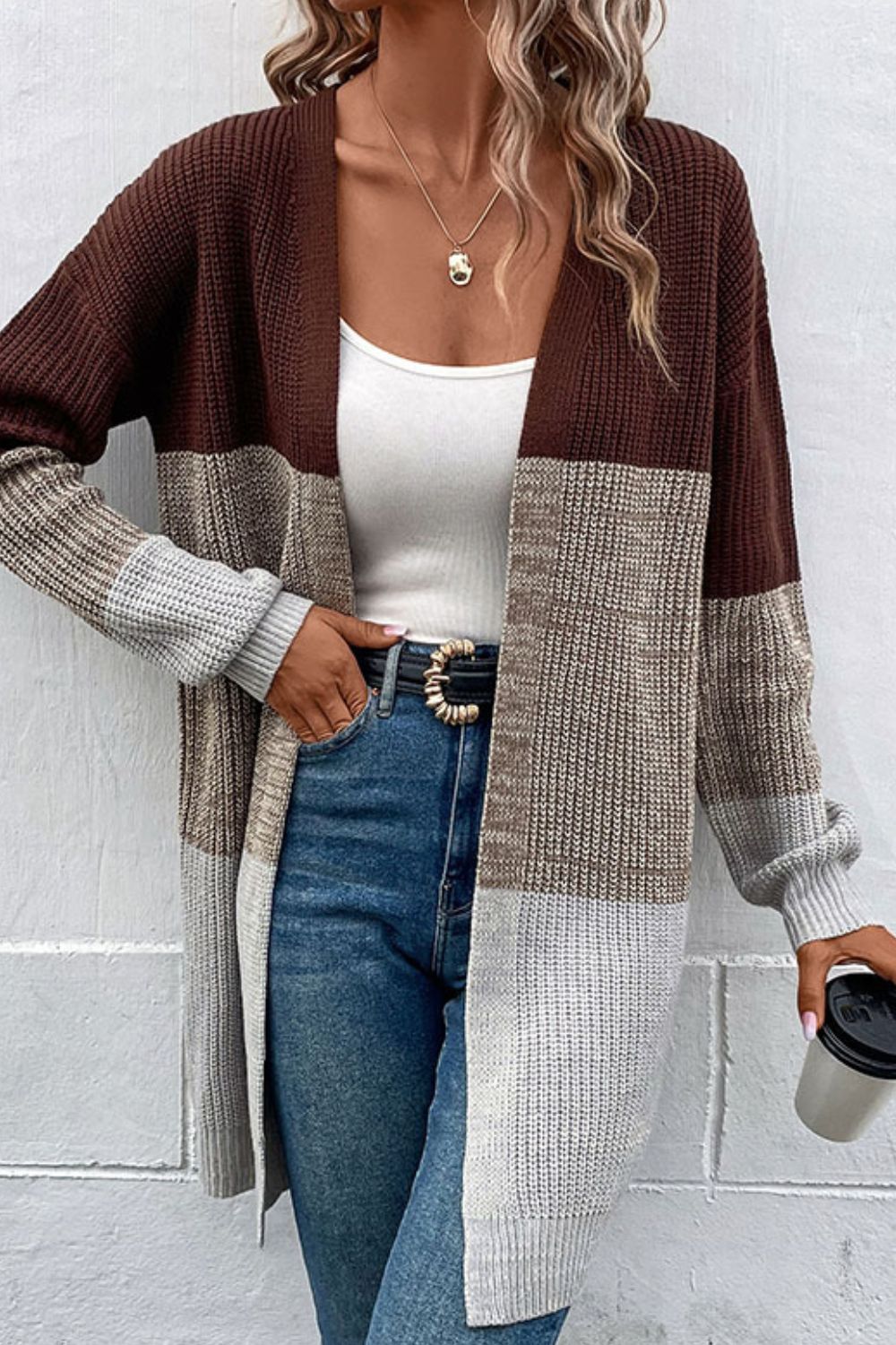 Color Block Open Front Rib-Knit Longline Cardigan - GlamZation