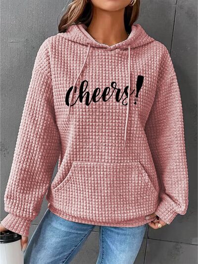 Full Size CHEERS Waffle-Knit Drawstring Hoodie