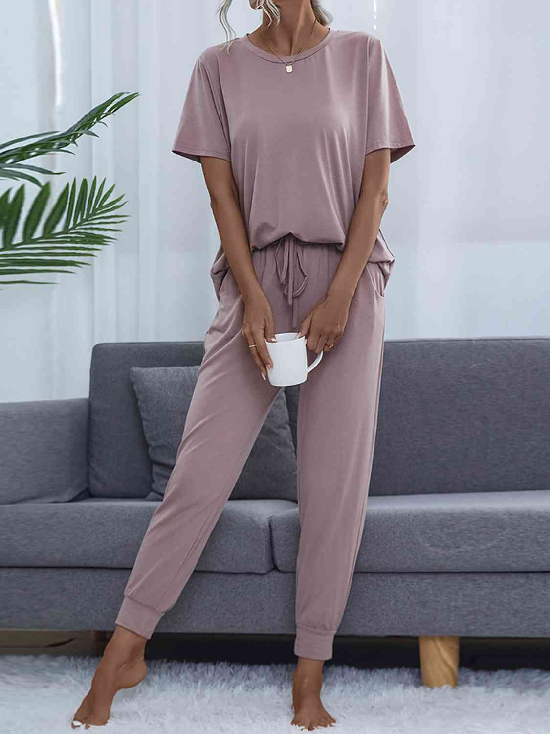 Round Neck Short Sleeve Top and Pants Set