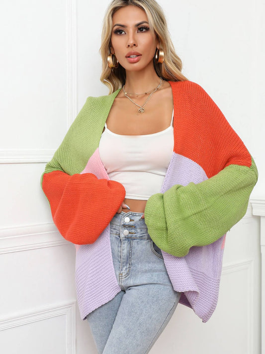 Color Block Open Front Balloon Sleeve Longline Cardigan - GlamZation