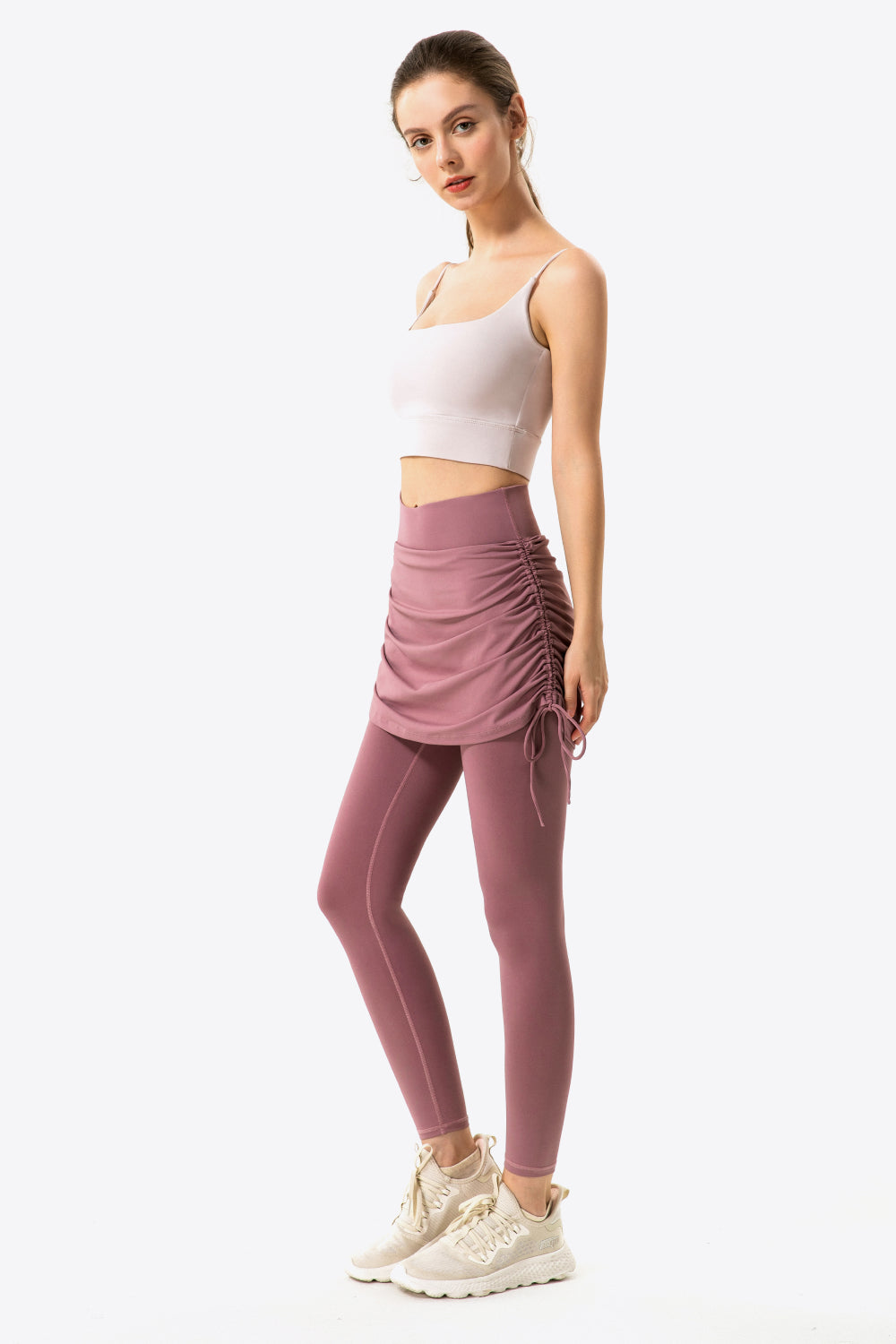 Drawstring Ruched Faux Layered Yoga Leggings - GlamZation