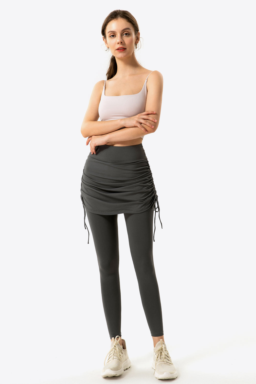 Drawstring Ruched Faux Layered Yoga Leggings - GlamZation