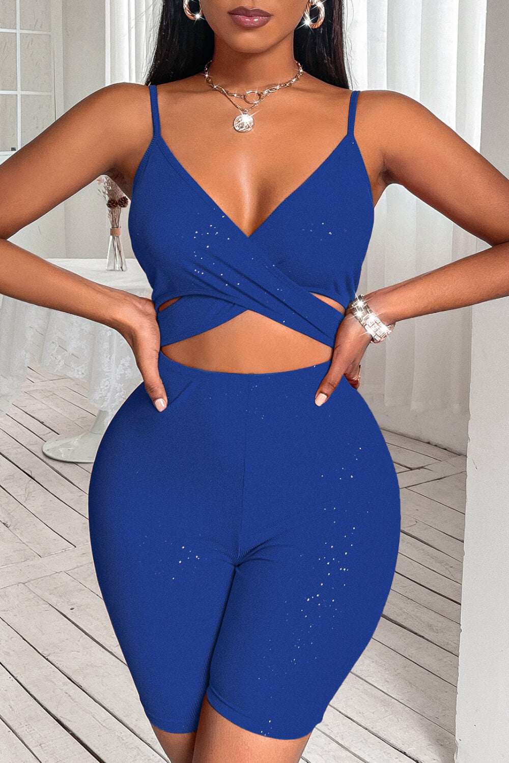 Crisscross Spaghetti Strap Cutout Ribbed Romper - GlamZation