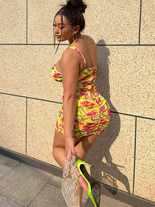 Floral Cutout Ruched One-Shoulder Mini Dress - GlamZation